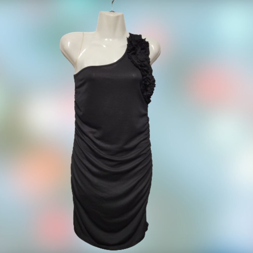 ONE Shoulder Body Con Black Dress Mini Ruched Ruffle  Size L